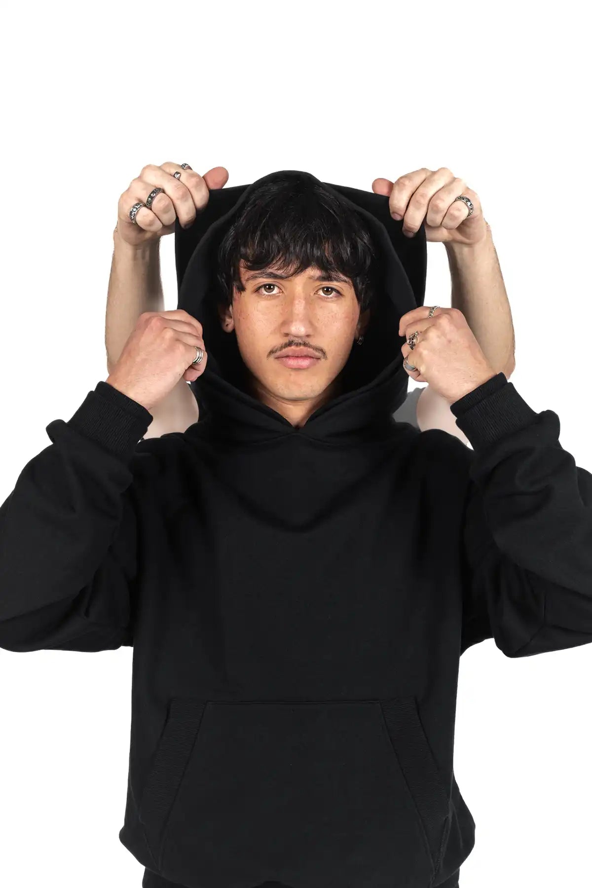 Schwarzer French Terry Hoodie, oversized, doppelte Kapuze