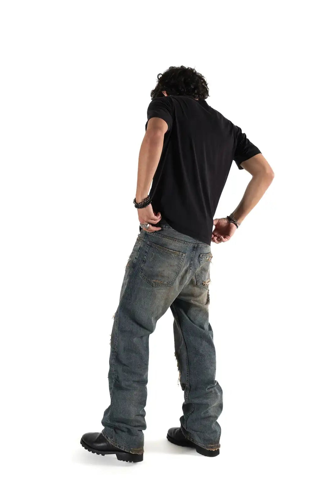 Flared Denim Hose, Vintage Waschung, Risse und Abriebe