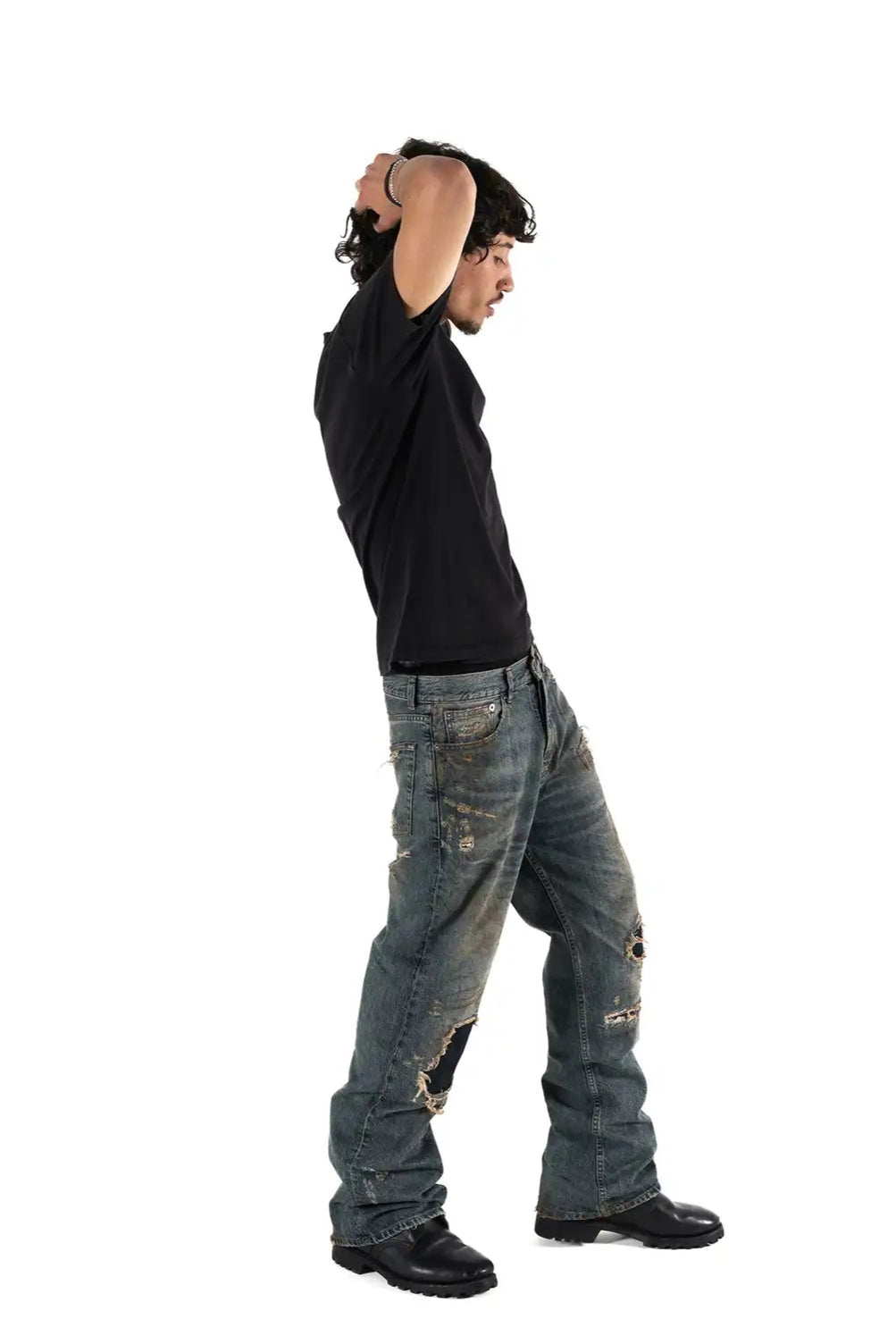 Flared Denim Hose, Made in Portugal, Risse und Vintage Effekt
