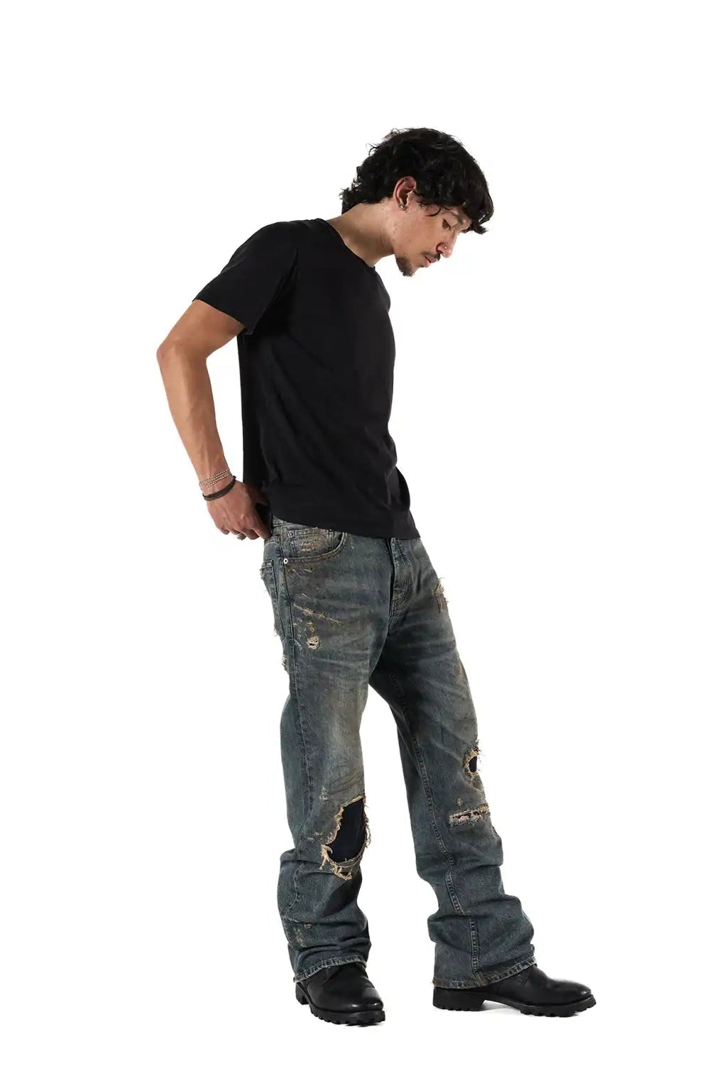 Blaue Flared Jeans, robustes Denim, Ripped Style
