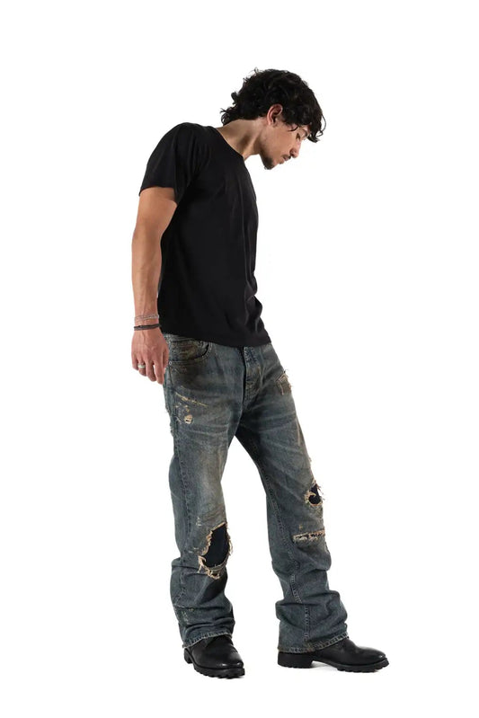 Flared Jeans aus 14 oz Denim, blau, Distressed-Look