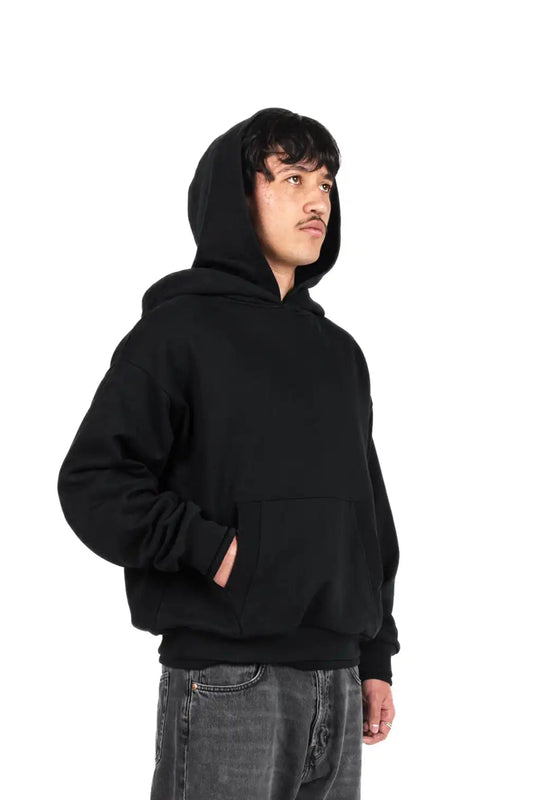 Schwarzer Hoodie, 500 GSM French Terry, doppelte Kapuze